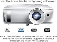 Load image into Gallery viewer, Optoma HD39HDR High Brightness HDR Home Theater Projector | 120Hz Refresh Rate | 4000 lumens | Fast 8.4ms Response time with 120Hz | Easy Setup with 1.3X Zoom | 4K Input | Quiet Operation 26dB