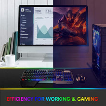 Load image into Gallery viewer, Wireless Gaming Keyboard and Mouse,Rainbow Backlit Rechargeable Keyboard Mouse with 3800mAh Battery Metal Panel,Removable Hand Rest Mechanical Feel Keyboard and 7 Color Gaming Mute Mouse for PC Gamers