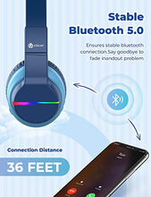 Load image into Gallery viewer, iClever BTH12 Wireless Kids Headphones, Colorful LED Lights Kids Headphones with 74/85/94dB Volume Limited Over Ear, 40H Playtime, Bluetooth 5.0, Built-in Mic for School/Tablet/PC/Airplane, Blue
