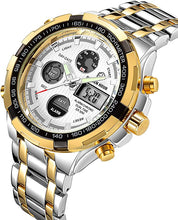 Load image into Gallery viewer, GOLDEN HOUR Luxury Stainless Steel Analog Digital Watches for Men Male Outdoor Sport Waterproof Big Heavy Wristwatch