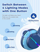 Load image into Gallery viewer, iClever BTH12 Wireless Kids Headphones, Colorful LED Lights Kids Headphones with 74/85/94dB Volume Limited Over Ear, 40H Playtime, Bluetooth 5.0, Built-in Mic for School/Tablet/PC/Airplane, Blue