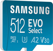 Load image into Gallery viewer, SAMSUNG EVO Select + Adapter 512GB microSDXC 130MB/s Full HD & 4K UHD, UHS-I, U3, A2, V30 (MB-ME512KA/AM)
