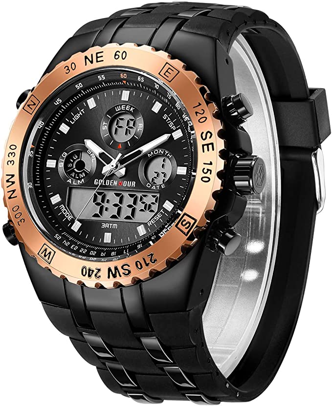 GOLDEN HOUR Luxury Military Sports Men's Watches Large Size Big Face 3ATM  Waterproof, Stopwatch, Date and Date, Alarm, Luminous Digital Analog Wrist