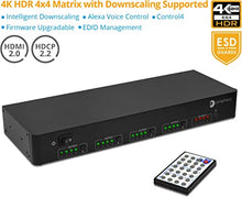 Load image into Gallery viewer, gofanco Intelligent 4x4 HDMI Matrix Switch 4K 60Hz YUV 4:4:4 HDR with Auto Downscaling (4K to 1080p) & Alexa Echo Voice Control, HDMI 2.0, HDCP 2.2, 18Gbps, IR, RS-232, Control4, TAA Compliant