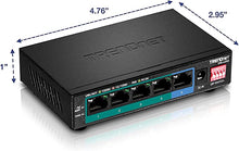 Load image into Gallery viewer, TRENDnet 5-Port Gigabit Long Range PoE+ Switch, TPE-LG50, 4 x PoE+ Ports, 1 x Gigabit Port, Camera DIP Switch extends PoE+ 200m (656 ft.), Lifetime Protection Black