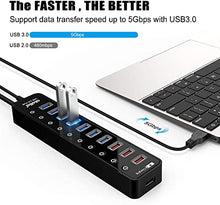 Load image into Gallery viewer, Powered USB 3.0 Hub, Atolla USB 3.0 Data Hub 11 Ports - 7 USB 3.0 Data Ports + 4 Smart Charging Port with Individual On/Off Switches and 12V/4A Power Adapter USB Hub 3.0 Splitter