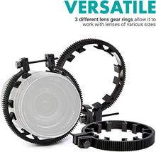 Load image into Gallery viewer, Movo F2X Precision Follow Focus System with Hard Stops and 65mm, 75mm, 85mm Adjustable Gear Rings