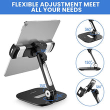 Load image into Gallery viewer, AboveTEK Stylish Aluminum Tablet Stand, iPad Stand, Folding 360? Swivel iPad iPhone Desk Mount Holder fits 4-11" Tablets/Smartphones for Kitchen Bedside Office POS Showroom Gifts for Family(Black)