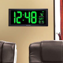 Load image into Gallery viewer, AcuRite 76101M Oversized LED Clock with Indoor Temperature, Date and Fold-Out Stand, 18", Green