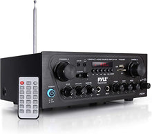 Load image into Gallery viewer, Pyle Upgraded Karaoke Bluetooth Channel Home Audio Sound Power Amplifier w/AUX-in, USB, 2 Microphone Input w/Echo, Talkover for PA, Black (PTA24BT)