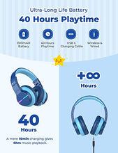 Load image into Gallery viewer, iClever BTH12 Wireless Kids Headphones, Colorful LED Lights Kids Headphones with 74/85/94dB Volume Limited Over Ear, 40H Playtime, Bluetooth 5.0, Built-in Mic for School/Tablet/PC/Airplane, Blue