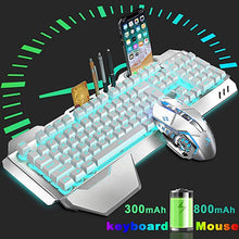 Load image into Gallery viewer, Wireless Keyboard and Mouse,Blue LED Backlit Rechargeable Keyboard Mouse with 3800mAh Battery Metal Panel,Removable Hand Rest Mechanical Feel Keyboard and 7 Color Gaming Mute Mouse for PC Gamers