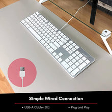 Load image into Gallery viewer, Macally Ultra-Slim USB Wired Keyboard with Number Keypad for Apple Mac Pro, MacBook Pro/Air, iMac, Mac Mini, Laptop Computers, Windows Desktop PC Laptops, Silver (SLIMKEYPROA)