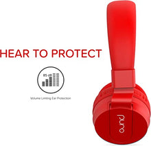 Load image into Gallery viewer, PuroBasic Volume Limiting Wired Headphones for Kids, Boys, Girls 2+ Foldable & Adjustable Headband w/Microphone, Compatible with iPad, iPhone, Android, PC & Mac – by Puro Sound Labs, Red
