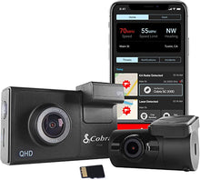 Load image into Gallery viewer, Cobra Smart Dash Cam + Rear Cam (SC 200D) – QHD+ 1600P Resolution, Voice Commands, Built-in WiFi & GPS, 16GB SD Card, 3" Display, Shared Alerts, Incident Reports, Emergency MayDay, Drive Smarter App