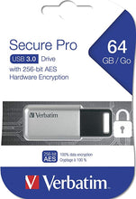 Load image into Gallery viewer, Verbatim 64GB Store'n' Go Secure Pro USB 3.0 Flash Drive with AES 256 Hardware Encryption - Silver