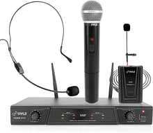 Load image into Gallery viewer, Pyle, 2 Dual Channel Wireless Microphone System-Portable VHF Audio Mic Set with Clip Lavalier Lapel, Handheld, Headset, Transmitter, ?ÆÆ Cable, Power Adapter-for Karaoke, PA DJ Pro PDWM2115, Black