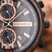 Load image into Gallery viewer, BOBO BIRD S18-1 Mens Wood Watch Stylish Wooden Stainless Steel Combined Chronograph with Luminous Pointers Fashion Timepiece for Men