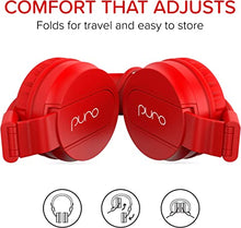 Load image into Gallery viewer, PuroBasic Volume Limiting Wired Headphones for Kids, Boys, Girls 2+ Foldable & Adjustable Headband w/Microphone, Compatible with iPad, iPhone, Android, PC & Mac – by Puro Sound Labs, Red