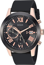 Load image into Gallery viewer, GUESS Comfortable Black + Rose Gold-Tone Stain Resistant Silicone Chronograph Watch with Date. Color:Black/Rose Gold-Tone (Model: U1055G3)