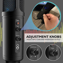 Load image into Gallery viewer, USB PC Recording Condenser Microphone - Blue LED, Adjustable Gain, Headphone Jack, Mute Control, Tripod Stand - Portable Pro Audio Condenser Desk Mic for Podcast Streaming Gaming - Pyle PDMIUSB50