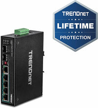 Load image into Gallery viewer, TRENDnet 6-Port Hardened Industrial Gigabit PoE+ DIN-Rail Switch, 4 x Gigabit PoE+ Ports, Shared Gigabit Port (RJ-45/SFP), Dedicated SFP, 120W Power Budget, IP30, Lifetime Protection, Black, TI-PG62