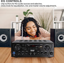 Load image into Gallery viewer, Pyle Upgraded Karaoke Bluetooth Channel Home Audio Sound Power Amplifier w/AUX-in, USB, 2 Microphone Input w/Echo, Talkover for PA, Black (PTA24BT)