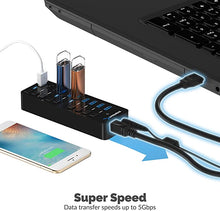 Load image into Gallery viewer, Sabrent 60W 10-Port USB 3.0 Hub Includes 3 Smart Charging Ports with Individual Power Switches and LEDs + 60W 12V/5A Power Adapter (HB-B7C3)