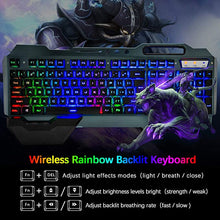 Load image into Gallery viewer, Wireless Gaming Keyboard and Mouse,Rainbow Backlit Rechargeable Keyboard Mouse with 3800mAh Battery Metal Panel,Removable Hand Rest Mechanical Feel Keyboard and 7 Color Gaming Mute Mouse for PC Gamers