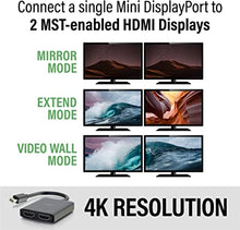 Load image into Gallery viewer, C2G Mini Display Port to HDMI Monitor Splitter, 4K, 2 Port, USB Powered, MST, Not Compatible with Mac OS, Cables to Go 54292, Black
