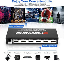 Load image into Gallery viewer, PONYBRO 4K 60Hz HDMI 2.0 Switch with IR Remote 6 Port, Support Auto-Switching,High Speed-18Gbps,4K HDR,HDCP2.2,3D,1080P, HDMI Selector Compatible for PS4,Xbox,Blu-ray Player,Apple TV, Fire TV.