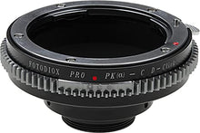 Load image into Gallery viewer, Fotodiox Pro Lens Adapter - Compatible with Pentax K Auto Focus Mount (PK AF) Lenses to C-Mount (1" Screw Mount) Cine & CCTV Cameras with Built-in De-Clicked Aperture Control Dial