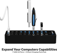 Load image into Gallery viewer, Sabrent 60W 10-Port USB 3.0 Hub Includes 3 Smart Charging Ports with Individual Power Switches and LEDs + 60W 12V/5A Power Adapter (HB-B7C3)