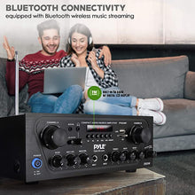 Load image into Gallery viewer, Pyle Upgraded Karaoke Bluetooth Channel Home Audio Sound Power Amplifier w/AUX-in, USB, 2 Microphone Input w/Echo, Talkover for PA, Black (PTA24BT)