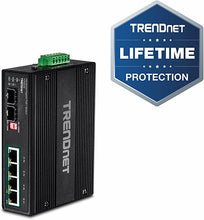 Load image into Gallery viewer, TRENDnet 6-Port Industrial Gigabit PoE+ DIN-Rail Switch, 12-56V, Alarm Relay, 2 Dedicated SFP Slots, IP30 Rated Housing, Lifetime Protection, TI-PG62B