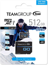 Load image into Gallery viewer, TEAMGROUP GO Card 512GB Micro SDXC UHS-I U3 V30 4K for GoPro & Action Cameras High Speed Flash Memory Card with Adapter for Outdoor, Sports, 4K Shooting TGUSDX512GU303