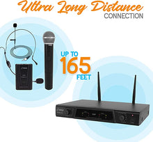 Load image into Gallery viewer, Pyle, 2 Dual Channel Wireless Microphone System-Portable VHF Audio Mic Set with Clip Lavalier Lapel, Handheld, Headset, Transmitter, ?ÆÆ Cable, Power Adapter-for Karaoke, PA DJ Pro PDWM2115, Black