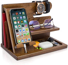 Load image into Gallery viewer, TESLYAR Wood Phone Docking Station Ash Key Holder Wallet Stand Watch Organizer Men Husband Wife Anniversary Dad Birthday Nightstand Purse Father Graduation Male Idea Gadgets (Beige)