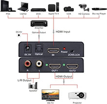 Load image into Gallery viewer, Tendak 1X2 4K HDMI Splitter with HDMI Audio Extractor + Optical and R/L Audio Output Powered Splitter 1 in 2 Out Signal Distributor Support 3D for PS4 Xbox One DVD Blu-ray Player HD TV Projector