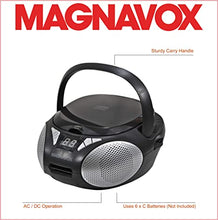 Load image into Gallery viewer, Magnavox MD6924 Portable Top Loading CD Boombox with AM/FM Stereo Radio in Black | CD-R/CD-RW Compatible | LED Display | AUX Port Supported | Programmable CD Player |
