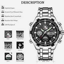 Load image into Gallery viewer, GOLDEN HOUR Luxury Stainless Steel Analog Digital Watches for Men Male Outdoor Sport Waterproof Big Heavy Wristwatch
