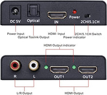 Load image into Gallery viewer, Tendak 1X2 4K HDMI Splitter with HDMI Audio Extractor + Optical and R/L Audio Output Powered Splitter 1 in 2 Out Signal Distributor Support 3D for PS4 Xbox One DVD Blu-ray Player HD TV Projector