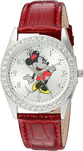 Load image into Gallery viewer, Disney Minnie Mouse Women's Silver Alloy Glitz Watch, Red Leather Strap, W002762
