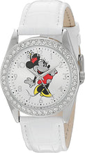 Load image into Gallery viewer, Disney Minnie Mouse Women's Silver Alloy Glitz Watch, White Leather Strap, W002764