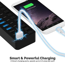 Load image into Gallery viewer, Sabrent 60W 10-Port USB 3.0 Hub Includes 3 Smart Charging Ports with Individual Power Switches and LEDs + 60W 12V/5A Power Adapter (HB-B7C3)