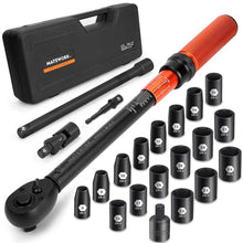 Load image into Gallery viewer, 1/2-Inch Drive Torque Wrench Set 22PCS, 10-180FT.LB/13.6-244.1Nm, Click Torque Wrench Socket Set, 72-Tooth Dual-direction, 3% Precision Adjustable Torque Wrench for Lug Nut, Bicycle, Moto, Car, Black_1
