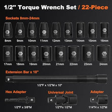 Load image into Gallery viewer, 1/2-Inch Drive Torque Wrench Set 22PCS, 10-180FT.LB/13.6-244.1Nm, Click Torque Wrench Socket Set, 72-Tooth Dual-direction, 3% Precision Adjustable Torque Wrench for Lug Nut, Bicycle, Moto, Car, Black_6227
