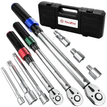 Load image into Gallery viewer, 1/4 3/8 1/2 9PC Torque Wrench Set 20-220 In lb,5-45 &amp;10-170 Ft lb,3 extension bar &amp; 3 adapter,3% Accuracy,72 T,Chrome plated,anti-rust,no scratch &amp; wear-resistant than Black,for DIY, bike,car &amp; truck, Silverblack_1
