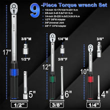 Load image into Gallery viewer, 1/4 3/8 1/2 9PC Torque Wrench Set 20-220 In lb,5-45 &amp;10-170 Ft lb,3 extension bar &amp; 3 adapter,3% Accuracy,72 T,Chrome plated,anti-rust,no scratch &amp; wear-resistant than Black,for DIY, bike,car &amp; truck, Silverblack_604
