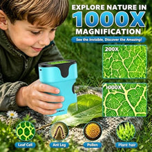 Load image into Gallery viewer, 1000X Pocket Microscope for Kids - 4K 2.0" Screen, Digital Mini Scope with Slides Kit, Rechargeable Lab Handheld Portable Microscopes for Kids 4-12 Students Teens, Cyan_5713
